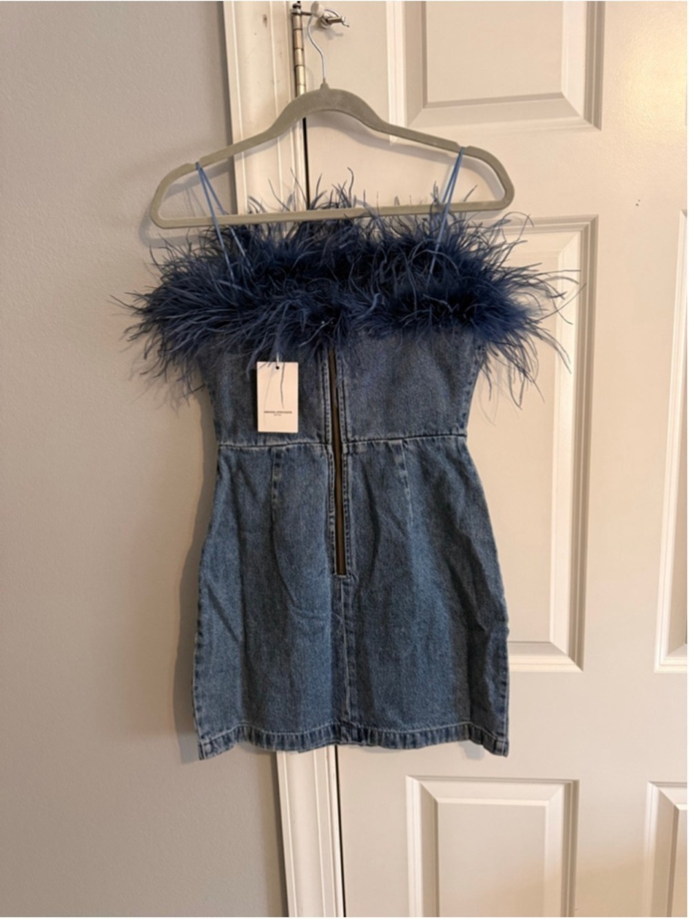 Women's Amanda Uprichard Blue Denim Feather Trim Mini Dress S - Picture 4 of 6